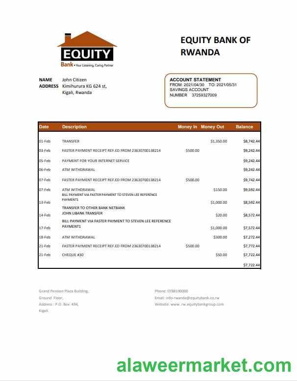 Rwanda Equity Bank statement easy to fill template in .xls and .pdf file format